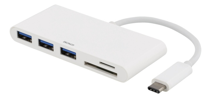 DELTACO USB 3.1 Gen 1 hub, USB-C, 3USB A, SD/microSD reader, white i gruppen COMPUTERTILBEHØR / Computer Tilbehør / USB-hubs hos TP E-commerce Nordic AB (38-53780)