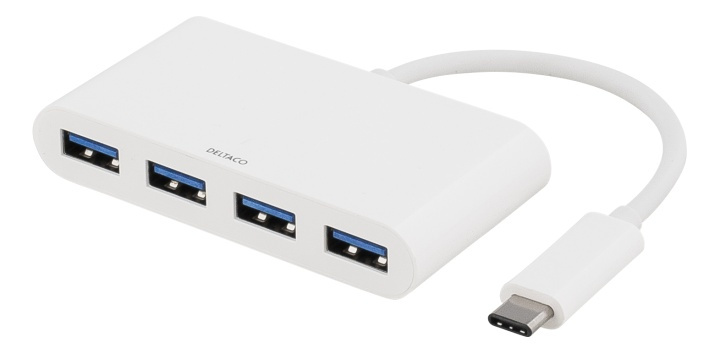 DELTACO USB 3.1 Gen 1 hub, USB-C, 4xUSB Type A, 5V 4,5W 900mA, white i gruppen COMPUTERTILBEHØR / Computer Tilbehør / USB-hubs hos TP E-commerce Nordic AB (38-53781)