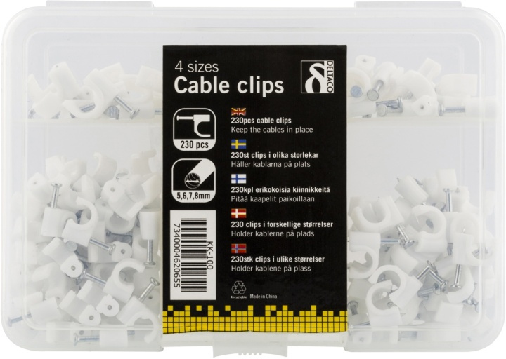 DELTACO kabelklammer i plast med stålsøm, 4 størrelser, 230-pak i gruppen HJEM, HUS & HAVE / Elektricitet & Belysning / El-installation / Tilbehør hos TP E-commerce Nordic AB (38-5803)