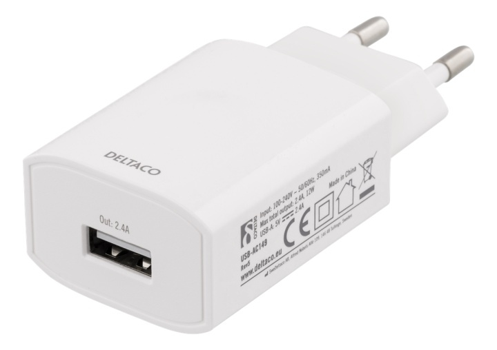 DELTACO wall charger, 100-240 V, 5 V 2,4 A, 1xUSB-A, white bag, white i gruppen SMARTPHONES & TABLETS / Opladere og kabler / Vægoplader / Vægoplader USB hos TP E-commerce Nordic AB (38-61818)