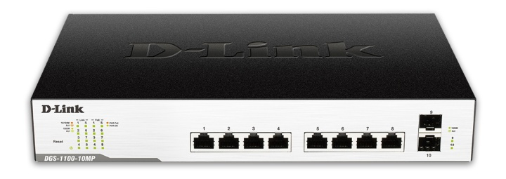 D-Link network switch, 8xRJ45, 2xSFP, PoE plus, Gigabit, black/silver i gruppen COMPUTERTILBEHØR / Netværk / Switches / 10/100/1000Mbps hos TP E-commerce Nordic AB (38-61978)