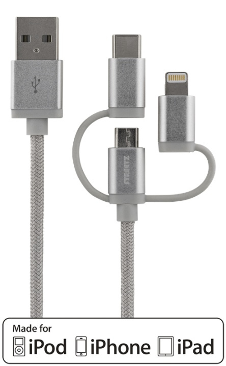 DELTACO 3in1 USB Sync/Charging,universal,USB-2.0,2.4A/12W,MFi,1m,silve i gruppen SMARTPHONES & TABLETS / Opladere og kabler / Kabler / Kabler microUSB hos TP E-commerce Nordic AB (38-62410)