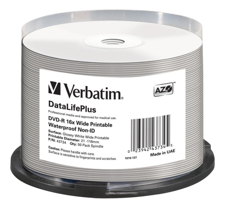 Verbatim DVD-R AZO 4.7GB 16X DL+ WIDE GLOSSY WATERPROOF PRINTABLE i gruppen HJEMMEELEKTRONIK / Lagringsmedier / CD / DVD / BD-diske / CD / DVD-opbevaring hos TP E-commerce Nordic AB (38-62607)