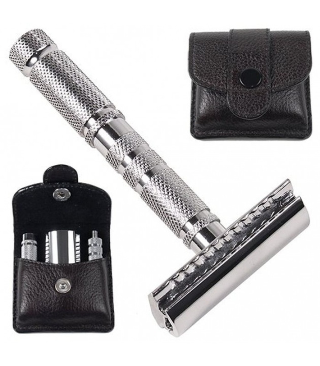 Parker A1-R 4 Piece Travel Safety Razor & Leather Pouch i gruppen SKØNHED & HELSE / Hår og styling / Barbering og trimning / Barberskraber og tilbehør hos TP E-commerce Nordic AB (38-70082)