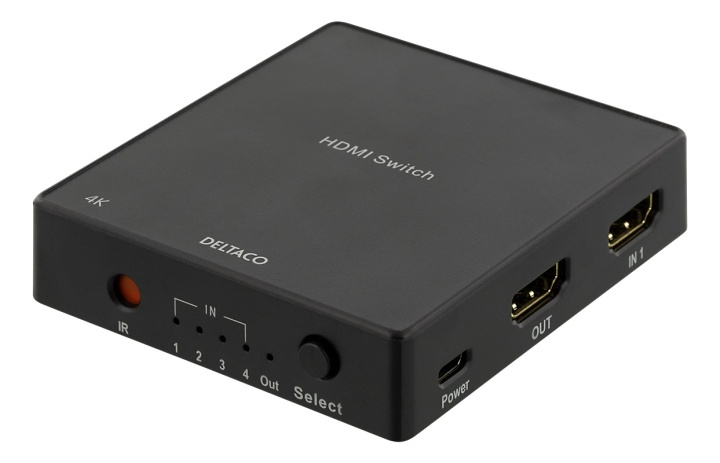 DELTACO HDMI-switch med fjernbetjening, 4 kilder, 4K-understøttelse, HDCP 1.4 i gruppen COMPUTERTILBEHØR / Kabler og adaptere / HDMI / VGA / DVI switche hos TP E-commerce Nordic AB (38-71662)