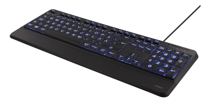 DELTACO Full-size tastatur med ekstra store bogstaver, blå LED i gruppen COMPUTERTILBEHØR / Mus og tastatur / Tastatur / Med ledning hos TP E-commerce Nordic AB (38-71714)