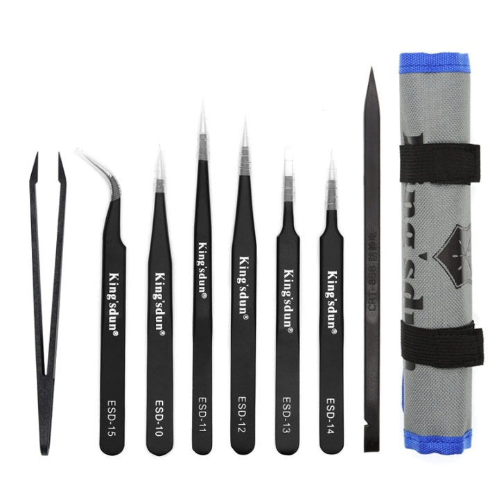 Kingsdun tip set, 8 parts, ESD, tweezers, black i gruppen COMPUTERTILBEHØR / Computer Tilbehør / Andet hos TP E-commerce Nordic AB (38-71832)