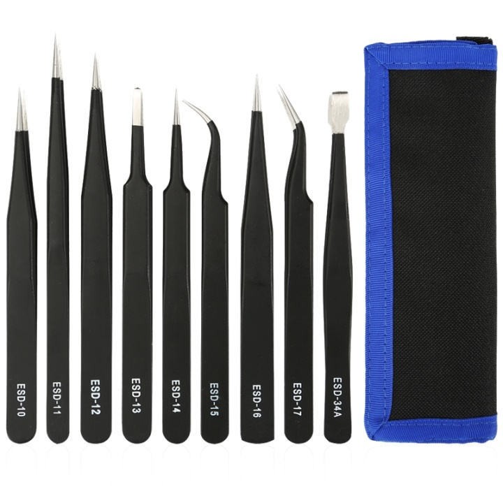 Tweezer kit, 9 pieces, ESD, black i gruppen COMPUTERTILBEHØR / Computer Tilbehør / Andet hos TP E-commerce Nordic AB (38-71833)