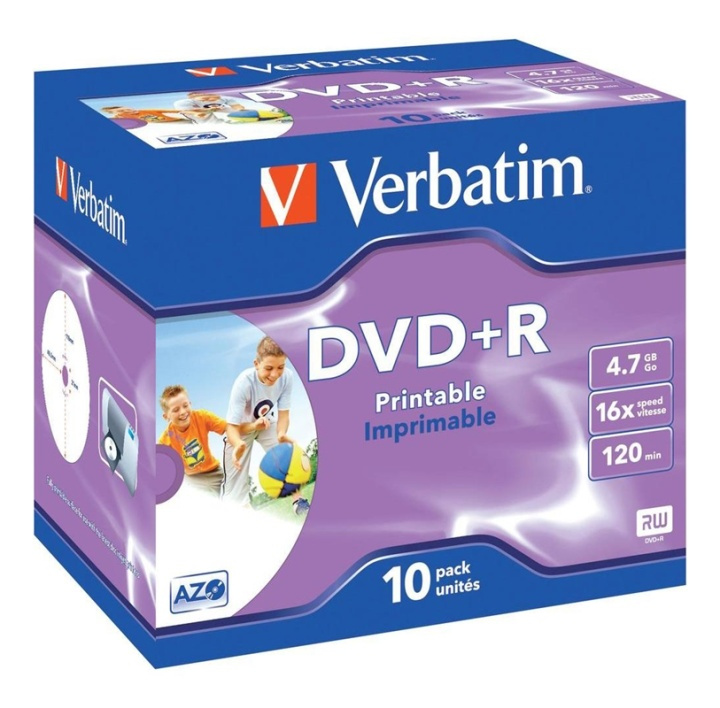 Verbatim DVD+R, 16x, 4,7 GB/120 min,10-pack jewel case, AZO, printable i gruppen HJEMMEELEKTRONIK / Lagringsmedier / CD / DVD / BD-diske / DVD+R hos TP E-commerce Nordic AB (38-72000)