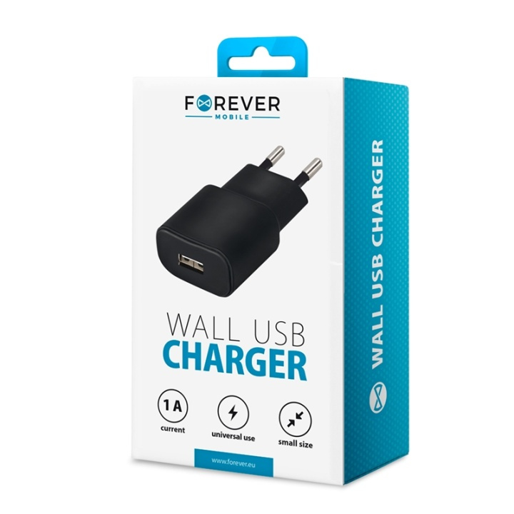 Forever väggladdare, USB-port, 1A, svart i gruppen SMARTPHONES & TABLETS / Opladere og kabler / Vægoplader / Vægoplader USB hos TP E-commerce Nordic AB (38-72501)