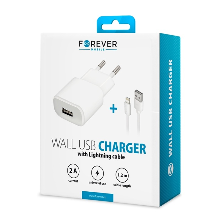 Forever Väggladdare USB 2A TC-01 + iPhone 8-pin kabel - Vit i gruppen SMARTPHONES & TABLETS / Opladere og kabler / Vægoplader / Vægoplader Lightning hos TP E-commerce Nordic AB (38-72509)