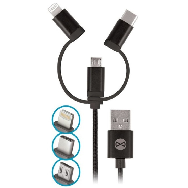 Forever 3in1 nylon microUSB + Lightning + USB typ-C Svart i gruppen SMARTPHONES & TABLETS / Opladere og kabler / Kabler / Kabler Lightning hos TP E-commerce Nordic AB (38-72598)