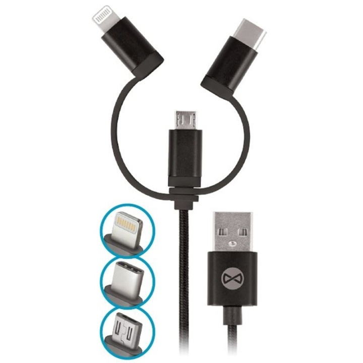 Forever 3in1 nylon microUSB + Lightning + USB type-C Sort i gruppen SMARTPHONES & TABLETS / Opladere og kabler / Kabler / Kabler Lightning hos TP E-commerce Nordic AB (38-72598)