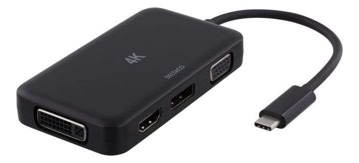 DELTACO USB-C to HDMI/DP/DVI/VGA adapter, 4K, DP Alt Mode, black i gruppen SMARTPHONES & TABLETS / Opladere og kabler / Adaptere hos TP E-commerce Nordic AB (38-74635)
