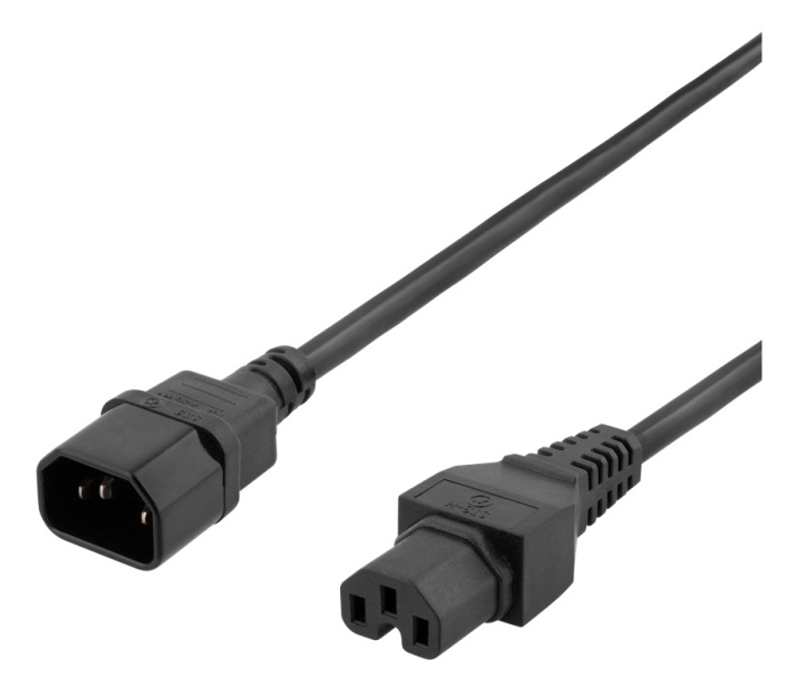 DELTACO 2m earthed cable IEC 6320 C15 - IEC 6320 C14, 250V/10A, black i gruppen COMPUTERTILBEHØR / Kabler og adaptere / Elkabler hos TP E-commerce Nordic AB (38-74637)