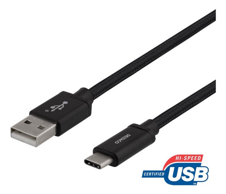 DELTACO USB-A to USB-C cable, 2m, USB 2.0, braided, black i gruppen SMARTPHONES & TABLETS / Opladere og kabler / Kabler / Kabler Type C hos TP E-commerce Nordic AB (38-74700)