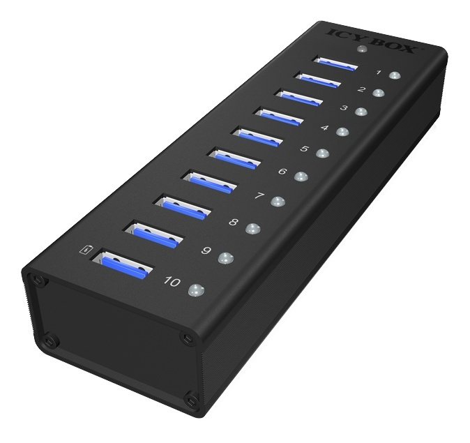 ICY BOX USB 3.0 Hub, 10 port, charging port, alu, w PSU i gruppen COMPUTERTILBEHØR / Computer Tilbehør / USB-hubs hos TP E-commerce Nordic AB (38-74819)