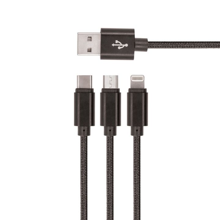 Setty 3i1 USB-kabel till microUSB/USB-C/Lightning, 1 m, Svart i gruppen SMARTPHONES & TABLETS / Opladere og kabler / Kabler / Kabler microUSB hos TP E-commerce Nordic AB (38-79027)