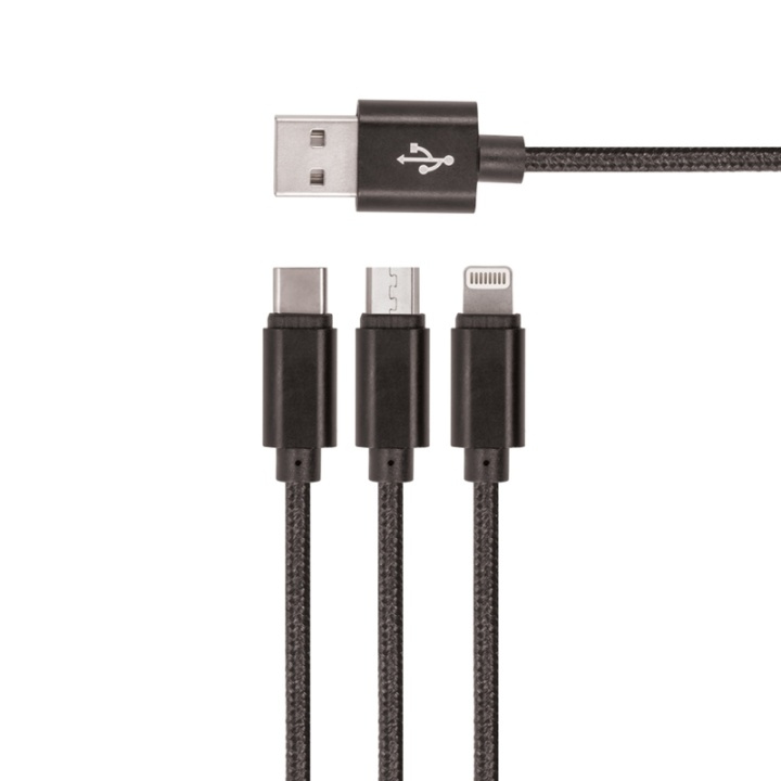 Setty 3in1 USB-kabel til microUSB/USB-C/Lightning, 1,2 m, Sort i gruppen SMARTPHONES & TABLETS / Opladere og kabler / Kabler / Kabler microUSB hos TP E-commerce Nordic AB (38-79027)