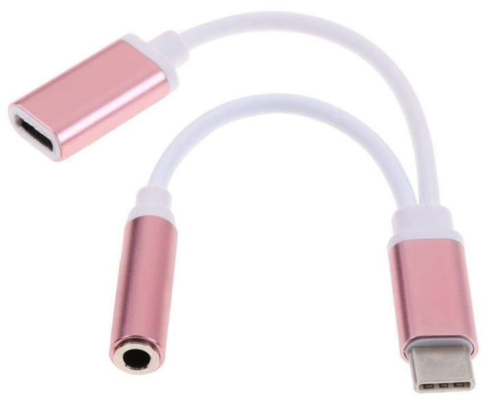 Dual Adapter USB-C til 3,5 mm jack og opladning, Rosa i gruppen SMARTPHONES & TABLETS / Opladere og kabler / Adaptere hos TP E-commerce Nordic AB (38-80763)