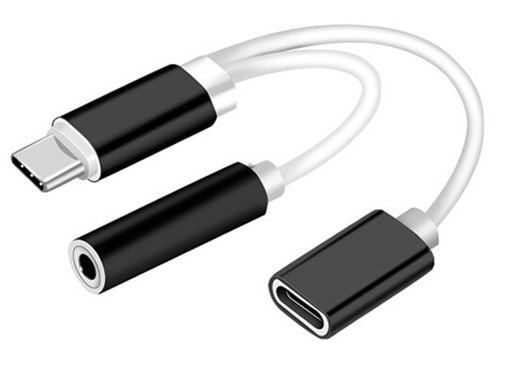 Dobbeltadapter USB-C til 3,5 mm jackstik og opladning, sort i gruppen SMARTPHONES & TABLETS / Opladere og kabler / Adaptere hos TP E-commerce Nordic AB (38-80764)