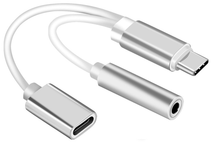 Dobbeltadapter USB-C til 3,5 mm jackstik og opladning, sølv i gruppen SMARTPHONES & TABLETS / Opladere og kabler / Adaptere hos TP E-commerce Nordic AB (38-80765)