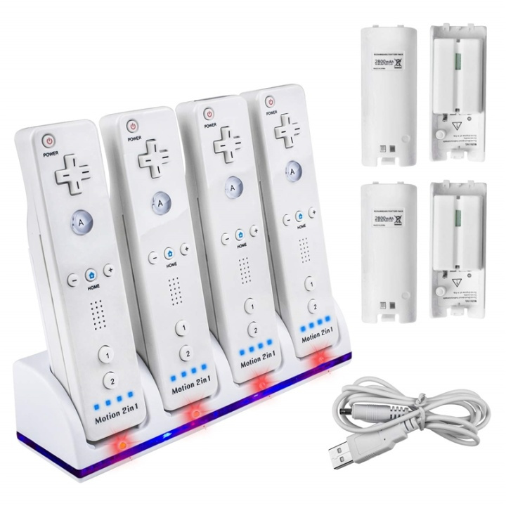 Wii Docka + 4x batteri till Nintendo Wii/Wii U-kontroll, Vit i gruppen HJEMMEELEKTRONIK / Spilkonsoller og tilbehør / Nintendo Wii hos TP E-commerce Nordic AB (38-81302)