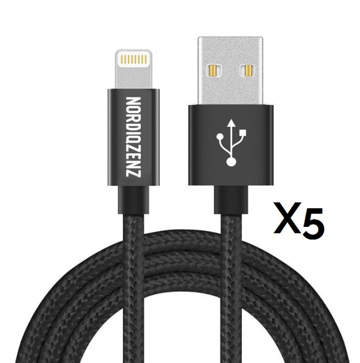 NORDIQZENZ 5-pak Lightning tekstilkabel, 1 m, sort i gruppen SMARTPHONES & TABLETS / Opladere og kabler / Kabler / Kabler Lightning hos TP E-commerce Nordic AB (38-81343PKT)