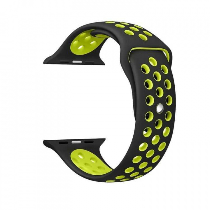 Sporty silikone urrem kompatibel med Apple Watch, 42/44 mm, svart og gul i gruppen SPORT, FRITID & HOBBY / Smartwatch & Aktivitetsmåler / Tilbehør hos TP E-commerce Nordic AB (38-83697)
