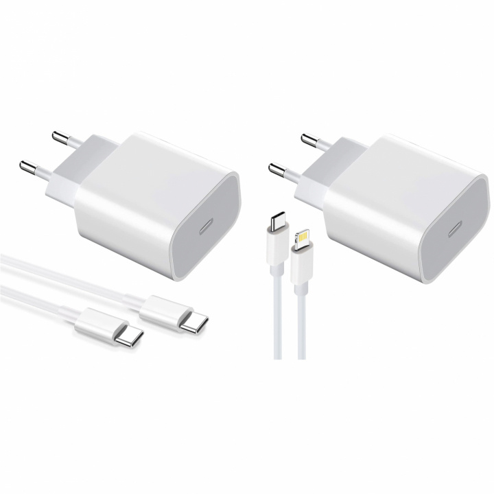 2-pak oplader til iPhone/Android 20W med USB-C til Lightning og USB-C - hurtigoplader i gruppen SMARTPHONES & TABLETS / Opladere og kabler / Vægoplader / Væg oplader Type C hos TP E-commerce Nordic AB (38-84294)