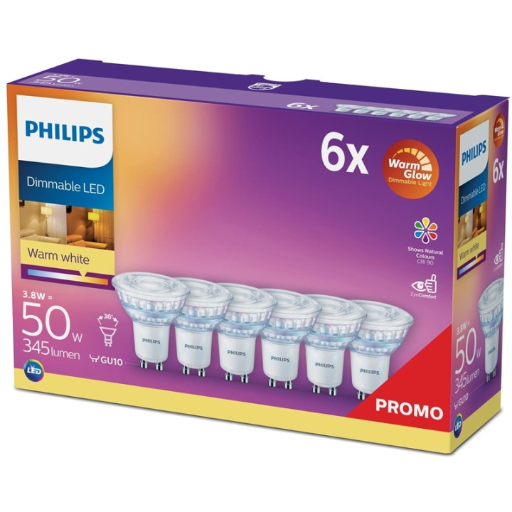 Philips 6-pak LED GU10 50W dæmpbar WarmGlow i gruppen HJEMMEELEKTRONIK / Lys / LED lamper hos TP E-commerce Nordic AB (38-84905)