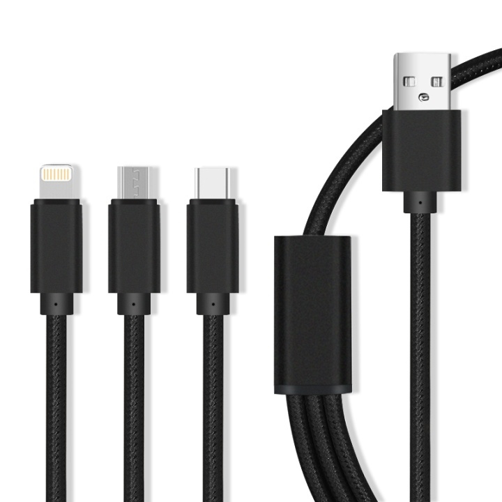 3-i-1 USB-kabel til hurtig opladning - microUSB/USB-C/Lightning (2.1A), Svart i gruppen SMARTPHONES & TABLETS / Opladere og kabler / Kabler / Kabler microUSB hos TP E-commerce Nordic AB (38-90058)