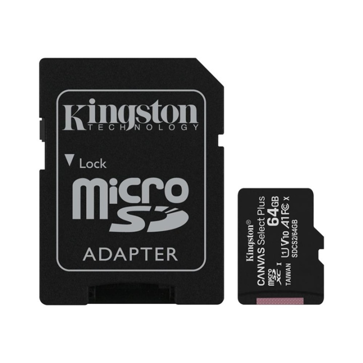Kingston Canvas Select Plus - microSDXC 64GB, klasse 10, UHS-I, 100MB/s + adapter i gruppen HJEMMEELEKTRONIK / Lagringsmedier / Hukommelseskort / MicroSD/HC/XC hos TP E-commerce Nordic AB (38-92723)
