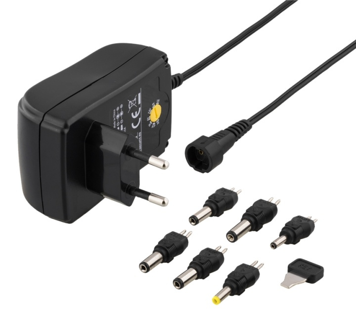 DELTACO power supply, 240 V to 3-12 V, 1,5 A, different tips, black i gruppen HJEM, HUS & HAVE / Elektricitet & Belysning / Netværksadaptere hos TP E-commerce Nordic AB (38-93502)