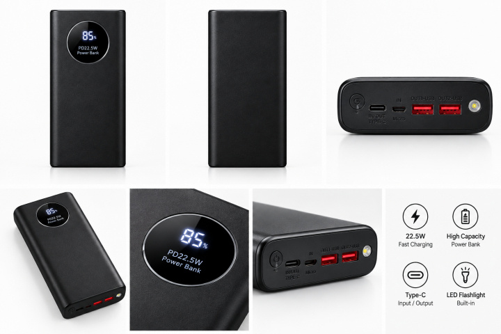 Powerbank with 20000 mAh and digital display, black i gruppen SMARTPHONES & TABLETS / Opladere og kabler / Powerbanks hos TP E-commerce Nordic AB (38-94871)