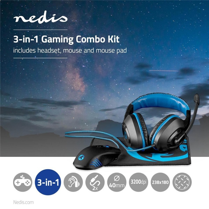 Nedis Gaming Combo Kit | 3-in-1 | Headset, Mus og musemåtte | Blå / Sort i gruppen COMPUTERTILBEHØR / GAMING / Mus hos TP E-commerce Nordic AB (38-95112)