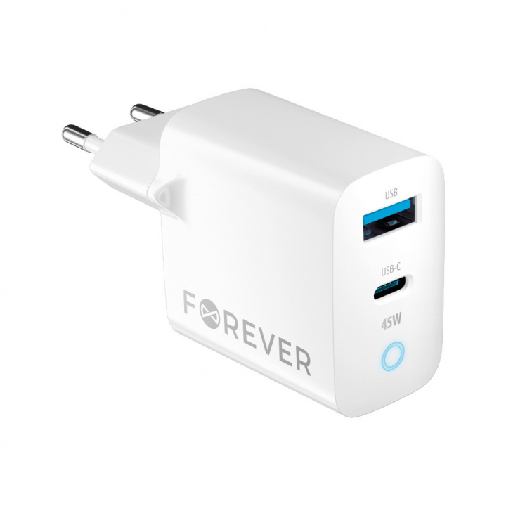 Forever TC-06-45AC GaN PD QC vægoplader 1x USB-C 1x USB 45W i gruppen SMARTPHONES & TABLETS / Opladere og kabler / Vægoplader / Væg oplader Type C hos TP E-commerce Nordic AB (38-96943)