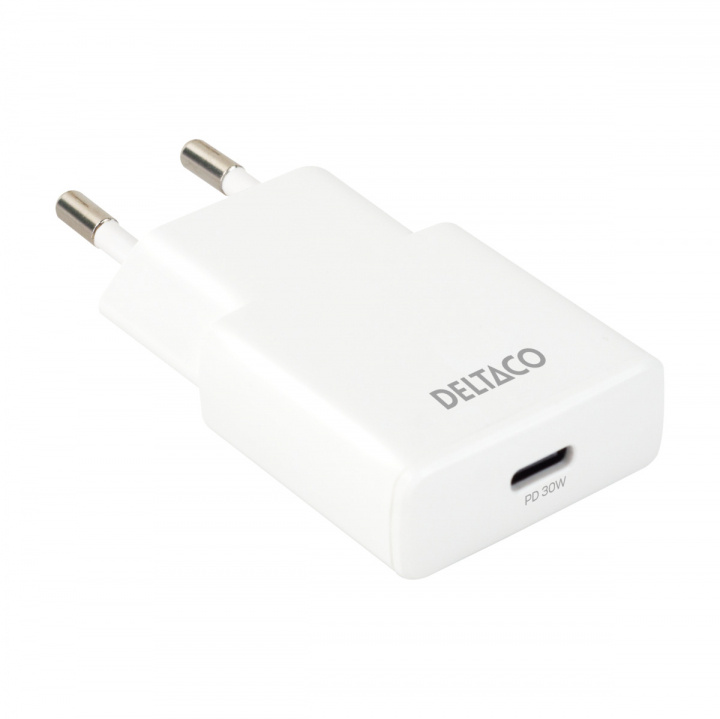 DELTACO USB-C väggladdare, 1x USB-C PD 30 W, slimmad storlek, stödjer PPS i gruppen SMARTPHONES & TABLETS / Opladere og kabler / Vægoplader / Væg oplader Type C hos TP E-commerce Nordic AB (38-97682)