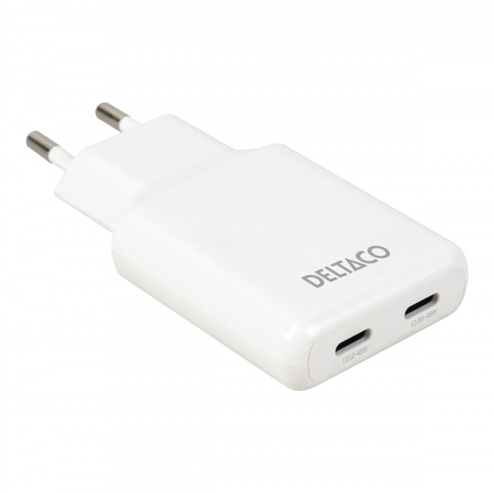 DELTACO USB-C väggladdare 45 W, 2x USB-C PD, slimmad storlek, total effekt 45 W i gruppen SMARTPHONES & TABLETS / Opladere og kabler / Vægoplader / Væg oplader Type C hos TP E-commerce Nordic AB (38-97683)
