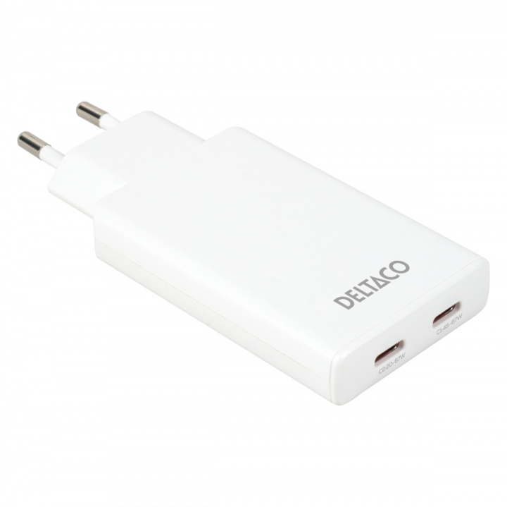 DELTACO USB-C väggladdare 67 W, 2x USB-C PD, slimmad storlek, total effekt 67 W i gruppen SMARTPHONES & TABLETS / Opladere og kabler / Vægoplader / Væg oplader Type C hos TP E-commerce Nordic AB (38-97684)