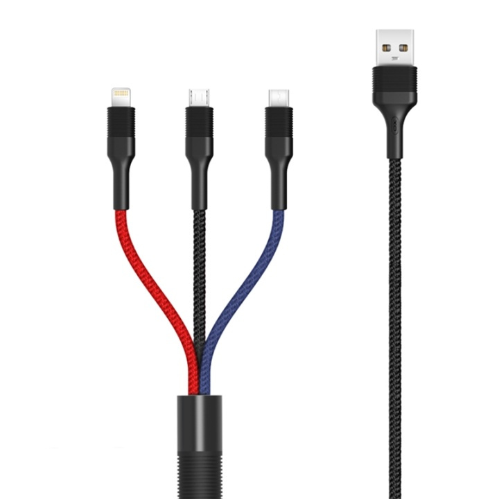 XO NB54, 3i1 USB - Lightning, USB-C, microUSB Laddkabel (3A) 1,2m i gruppen SMARTPHONES & TABLETS / Opladere og kabler / Kabler / Kabler microUSB hos TP E-commerce Nordic AB (38-99054)