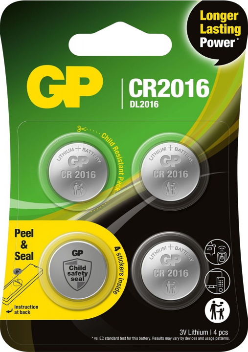 GP knapcelle litium CR2016, 4-pak i gruppen HJEMMEELEKTRONIK / Batterier og opladere / Batterier / Knapcelle hos TP E-commerce Nordic AB (38-99880)