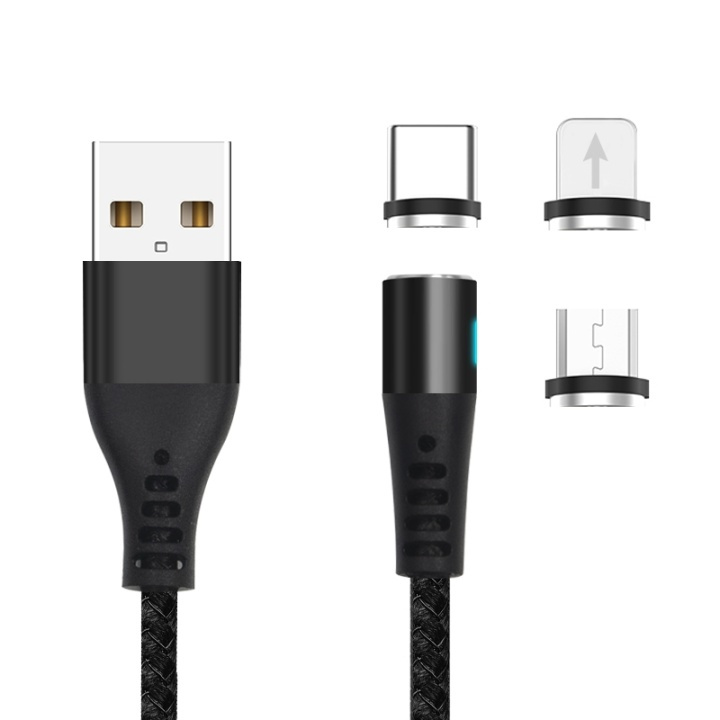 Maxlife MXUC-02 Magnetisk 3-i-1-opladerkabel (Lightning/USB-C/microUSB) Hurtig opladning (2A), sort i gruppen SMARTPHONES & TABLETS / Opladere og kabler / Kabler / Kabler microUSB hos TP E-commerce Nordic AB (A08731)