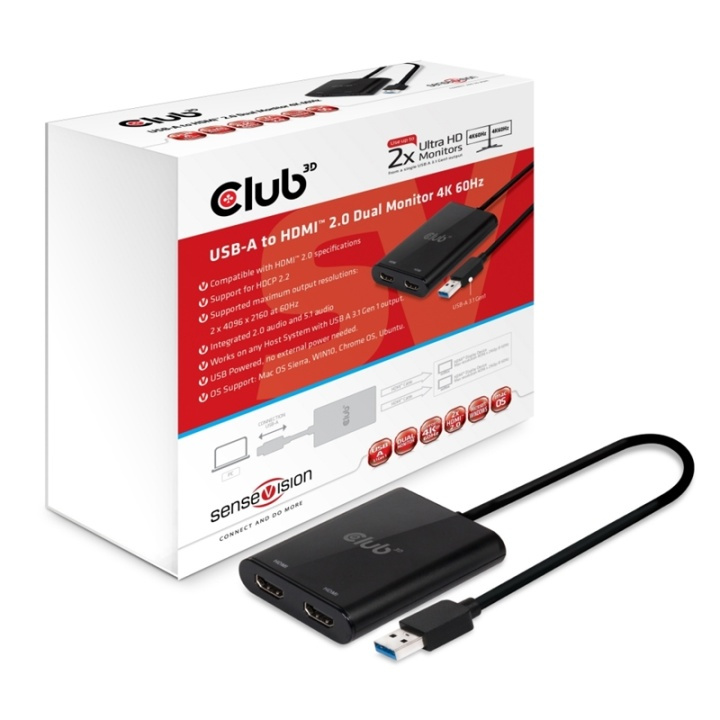 CLUB3D USB A to HDMIT 2.0 Dual Monitor 4K 60Hz i gruppen HJEMMEELEKTRONIK / Kabler og adaptere / HDMI / Adaptere hos TP E-commerce Nordic AB (A13948)