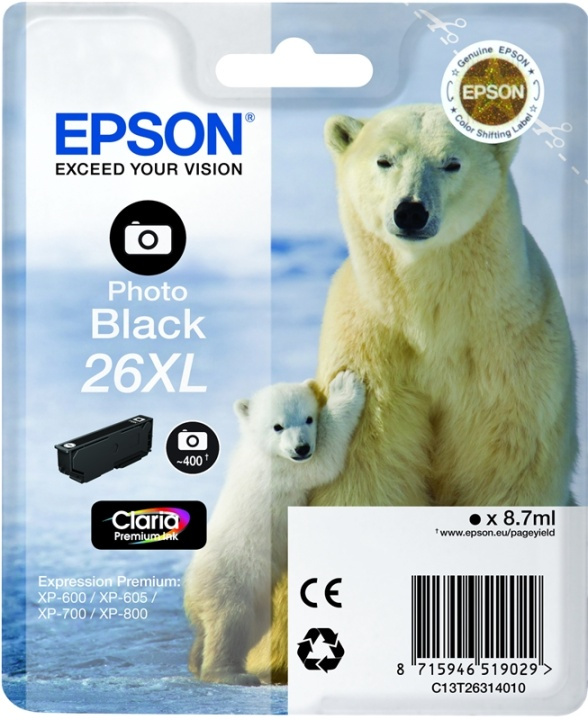 Epson Polar bear Singlepack Photo Black 26XL Claria Premium Ink i gruppen COMPUTERTILBEHØR / Printere og tilbehør / Blæk og toner / Blækpatroner / Epson hos TP E-commerce Nordic AB (A14078)