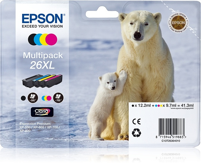 Epson Polar bear Flerpack 4 färger 26XL Claria Premium-bläck i gruppen COMPUTERTILBEHØR / Printere og tilbehør / Blæk og toner / Blækpatroner / Epson hos TP E-commerce Nordic AB (A14079)