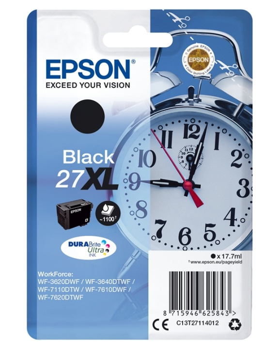 Epson Alarm clock Singlepack Black 27XL DURABrite Ultra Ink i gruppen COMPUTERTILBEHØR / Printere og tilbehør / Blæk og toner / Blækpatroner / Epson hos TP E-commerce Nordic AB (A14082)