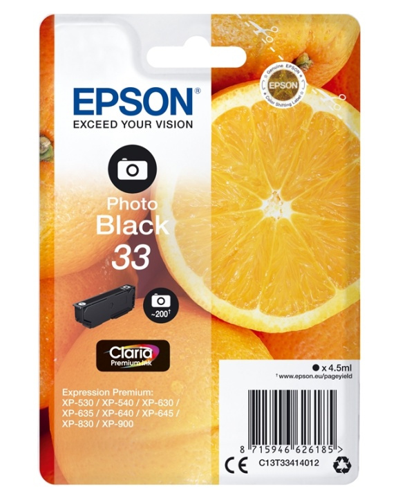 Epson Oranges Singlepack Photo Black 33 Claria Premium Ink i gruppen COMPUTERTILBEHØR / Printere og tilbehør / Blæk og toner / Blækpatroner / Epson hos TP E-commerce Nordic AB (A14094)