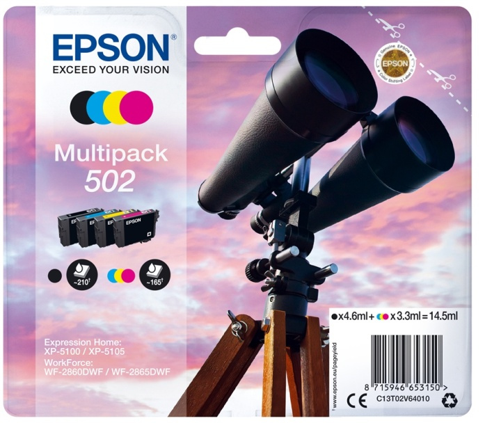 Epson Blæk Multipak C13T02V64010 502 Binoculars Sort Cyan Magenta Gul i gruppen COMPUTERTILBEHØR / Printere og tilbehør / Blæk og toner / Blækpatroner / Epson hos TP E-commerce Nordic AB (A14116)