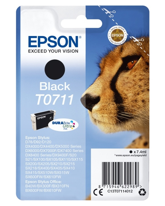 Epson Cheetah Enpack svart T0711 DURABrite Ultra-bläck i gruppen COMPUTERTILBEHØR / Printere og tilbehør / Blæk og toner / Blækpatroner / Epson hos TP E-commerce Nordic AB (A14131)